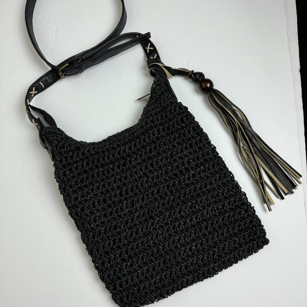Sun N' Sand Black Macramé  Woven Crossbody Purse Boho Tassel